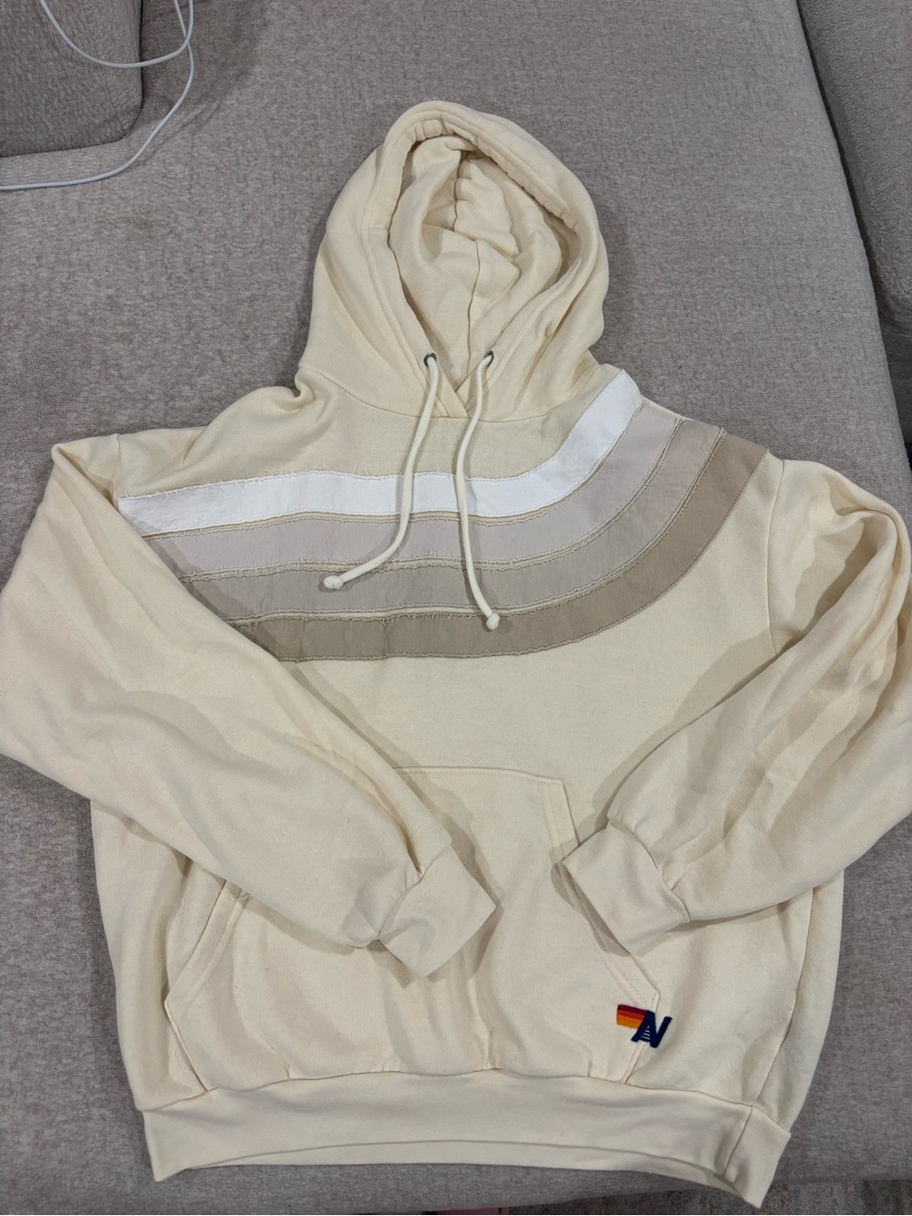 Aviator Nation Cream Hoodie with White and Taupe Chevron Stripes